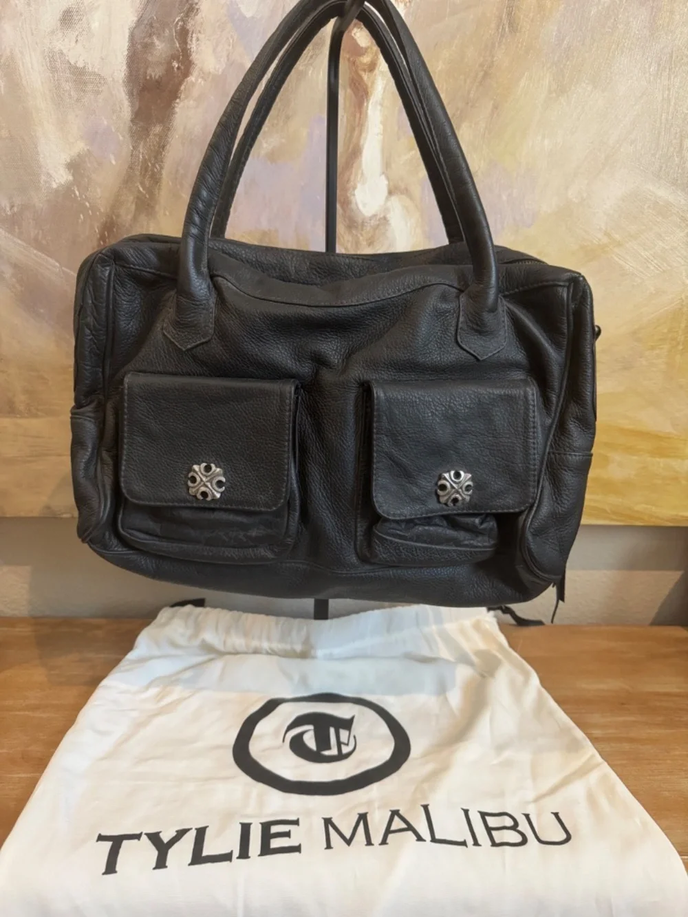 Tylie Malibu Black Pebble Leather Satchel/Tote Bag w/ Dust Bag Y2K